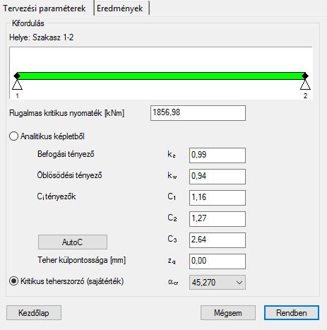 A Kifordulás ellenőrzés többé-kevésbé a kihajlás vizsgálathoz hasonló módon történik. Új szegmensek definiálhatóak és nem szükséges szegmensek törölhetőek.