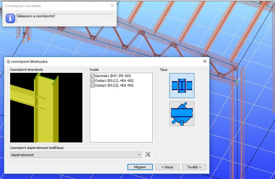 A kapcsolódó elemeket a program automatikusan felismeri és felkínálja a lehetséges csomópont típusokat.