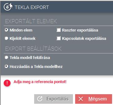 Kapcsolóelemek exportálása is lehetséges, de felhívjuk a figyelmet, hogy csak azok a kapcsolatok kerülnek átexportálásra, amelyek előzőleg elhelyezésre kerültek a ConSteel modellen.