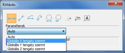 Számos méretezési mód áll rendelkezésre: Vetületi méretvonal elhelyezése : A kiválasztott vonal elem globális X, Y, vagy Z tengelyre vetített méretének elhelyezésé.