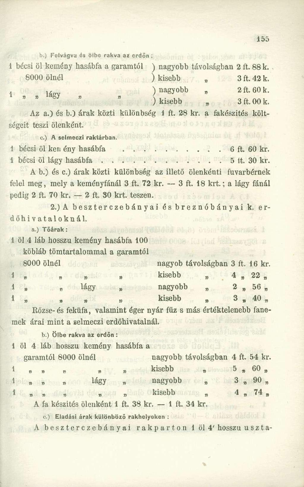 b.) Felvágva és ölbe rakva az erdőn : 1 bécsi öl kemény hasábfa a garamtói ) nagyobb távolságban 2 ft. 88 k. 8000 ölnél ) kisebb 3 ft. 42 k., ) nagyobb 2ft.60k. j kisebb 3 ft. 00 k. Az a.) és b.