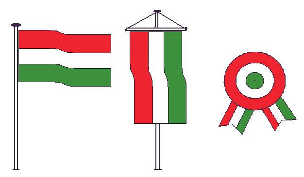 a) Zászló b) Lobogó c) Kokárda (az 1848-as szabadságharcban használták először. Használják fordított színekkel is, tehát kívül zöld, belül piros.