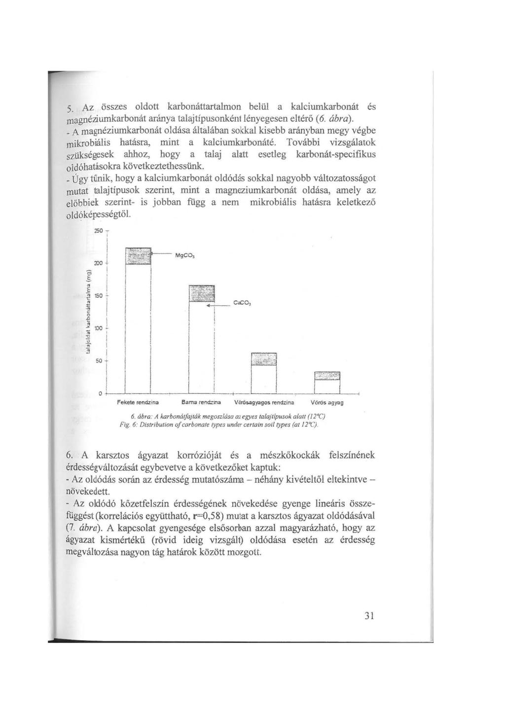 5. Az összes oldott karbonáttartalmon belül a kalciumkarbonát és magnéziumkarbonát aránya talajtípusonként lényegesen eltérő (6. ábra).