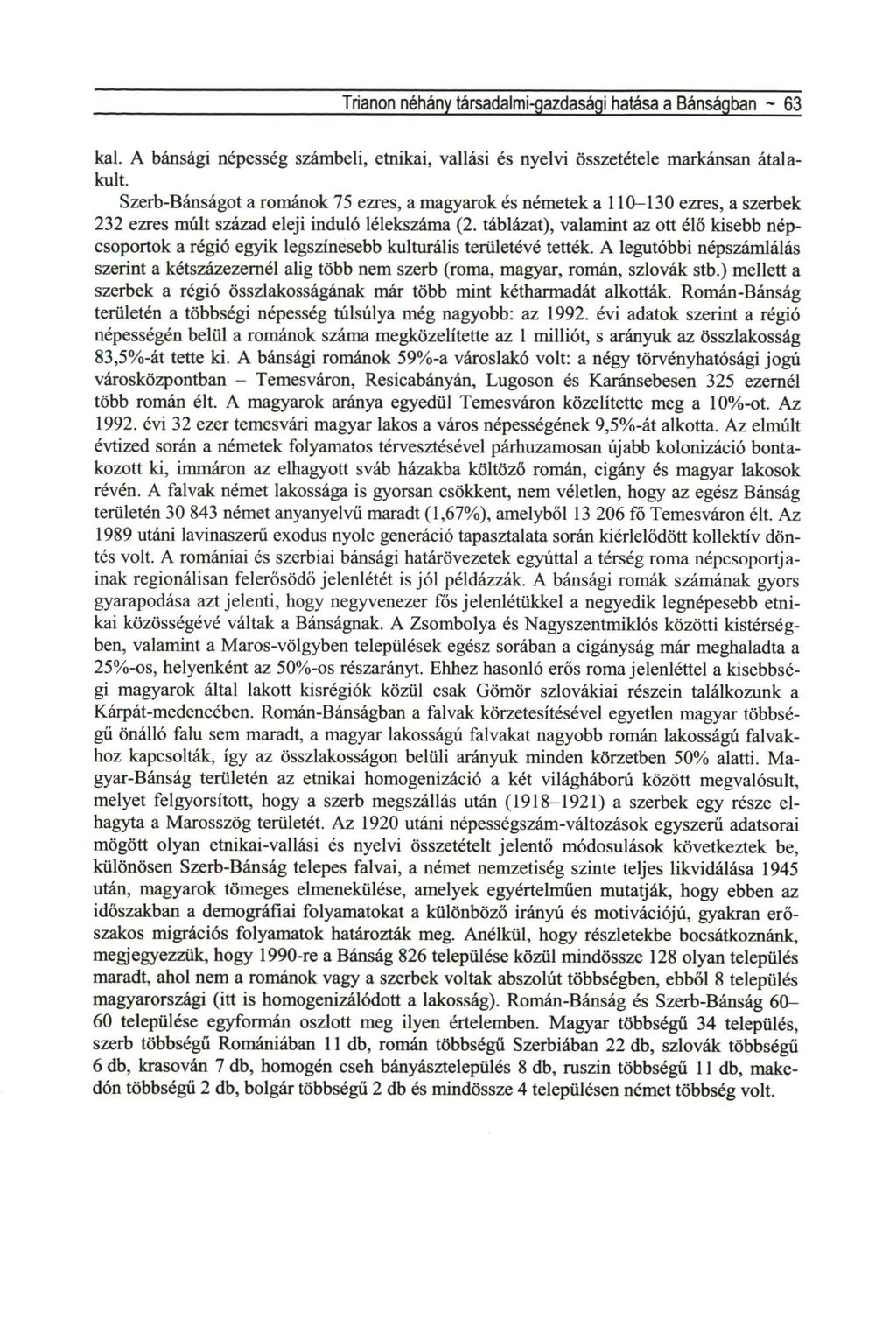 Trianon néhány társadalmi-gazdasági hatása a Bánságban ~ 63 kai. A bánsági népesség számbeli, etnikai, vallási és nyelvi összetétele markánsan átalakult.