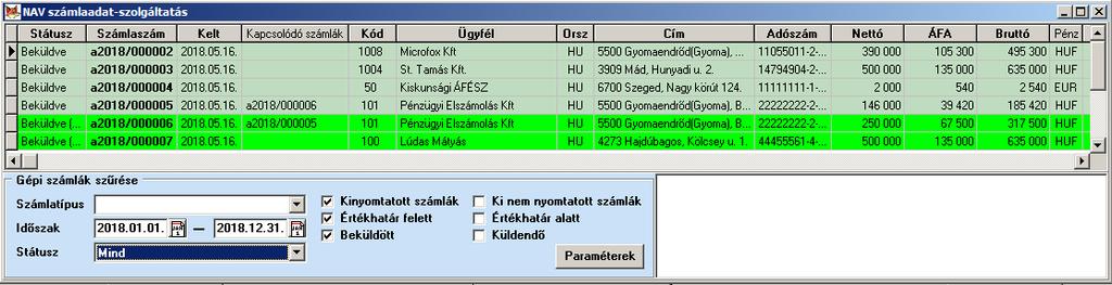 Felül, a táblázatban láthatjuk a gépi számlákat és azok legfontosabb adatait számlaszám sorrendben.