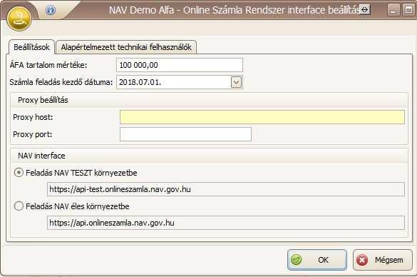 Online Számla Rendszer interface beállítása Főmenü Számlakészítés Online számla rendszer Karbantartás Beállítások ablak ÁFA tartalom mértéke: 100 000,00,- Ft a törvényileg előírt mérték, de ez