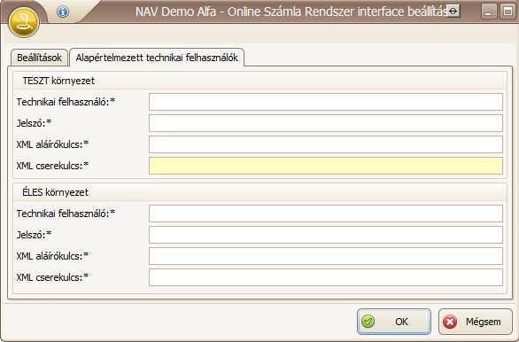 Technikai felhasználó ablakok Alapértelmezett technikai felhasználó: a NAV regisztráció során kapott adatokkal kell felölteni.