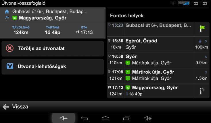 Fontos helyek Megjelenik az útvonalon található köztes pontok, kereszteződések és az útvonal közelében lévő városok listája. Válassza ki azt az elemet, amelyen változtatni szeretne.