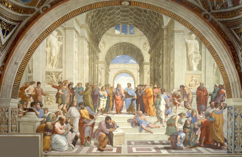 Raffaello híres freskója, Az athéni iskola a vatikáni Apostoli Palotában.