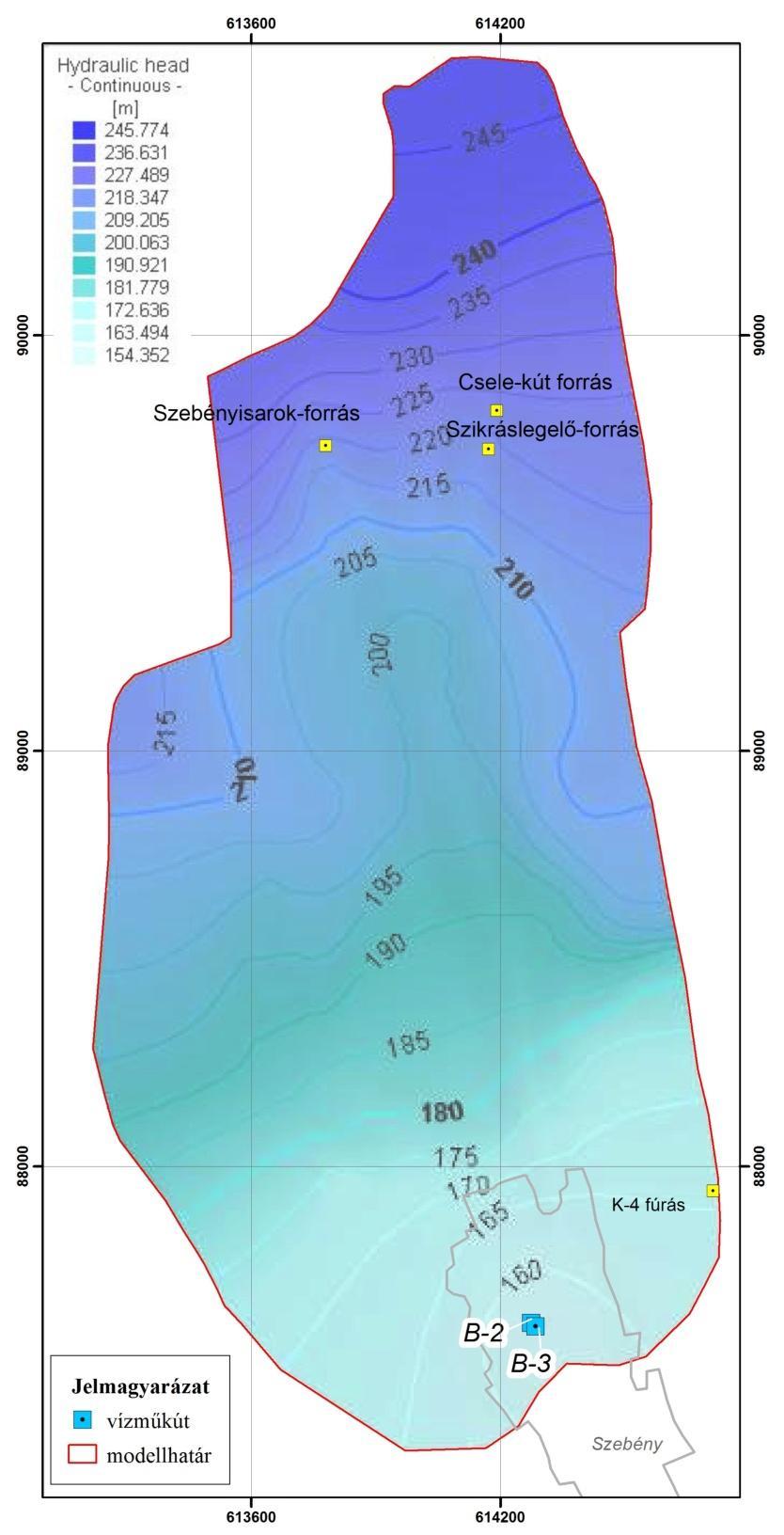 Hidrodinamikai modellezés Kalibrálás Név EOVX EOVY Vízszint (mbf) Számított vízszint (mbf) Különbség (m) K-4 fúrás 614712.3 87941.19 166.74 165.659 1.08 Csele-kút forrás 614175 89811 222 222.973-0.