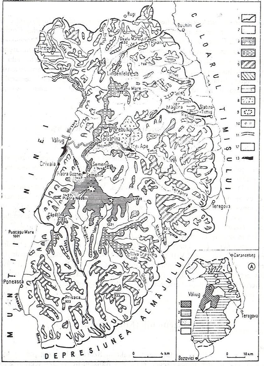 19. ábra. A Szemenik-hegység geomorfológiai térképe (Grigore M.) 1. a hegység határa, 2. a hegység területe, Szintek: 3. Szemenik-szint (1400 1250 m, Boreszku I. szint), 4.