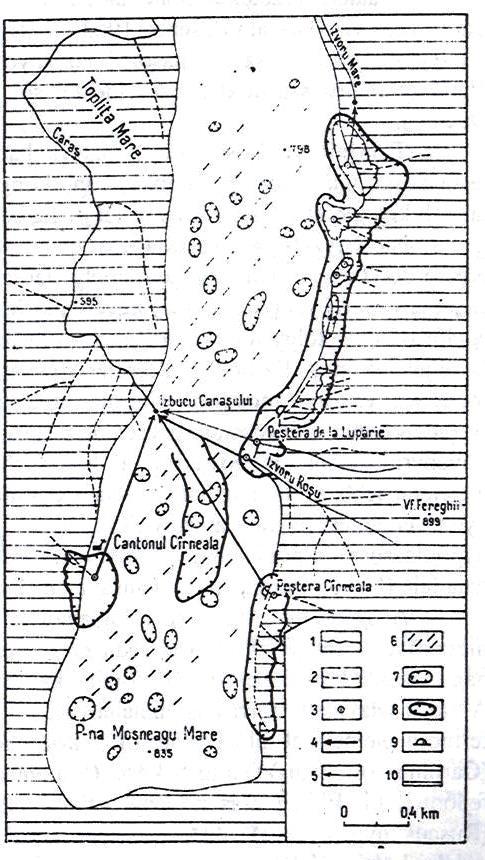 20. ábra. Az Aninai-hegység karsztos formái és a karsztvizek lefutásának iránya a Karas forrásvidékén (Sencu, V.) 1. permanens vizek, 2. időszakos vizek, 3. víznyelő, 4.