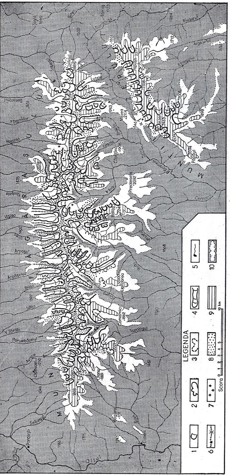 4. ábra. A Fogarasi-havasok (Munţii Făgăraş) és Jezer-hegység (Munţii Iezer) Boreszku-felszíne (Borăscu) és glaciális formakincse 1. egyszerű glaciális cirkusz, 2. összetett glaciális cirkusz, 3.