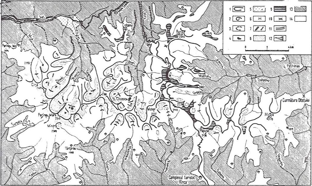 7. ábra. A Pareng-hegység eljegesedési térképe (Geografia Romăniei) 1. glaciális völgy, 2. glaciális völgyfő, 3. glacionivális cirkusz, 4. glaciális tó, 5. fluvioglaciális anyag és forma, 6.