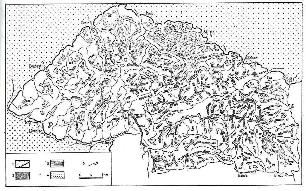 8. ábra. A Szebeni-havasok szintjei (Geografia Romăniei) 1. a hegység határa, 2. Boreszku-felszín, 3. Râu Șes felszín, 4. Gornovițafelszín, 5.