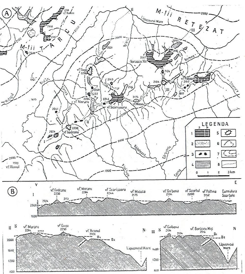 10. ábra. A Boreszku-felszínek és domborzati jellemzői a Godjánban (Niculescu Gh.) Boreszku I. felszín (B1): 1. széles, lapos, füves tető, gerinc eróziós vagy szerkezeti jelleggel, 2.