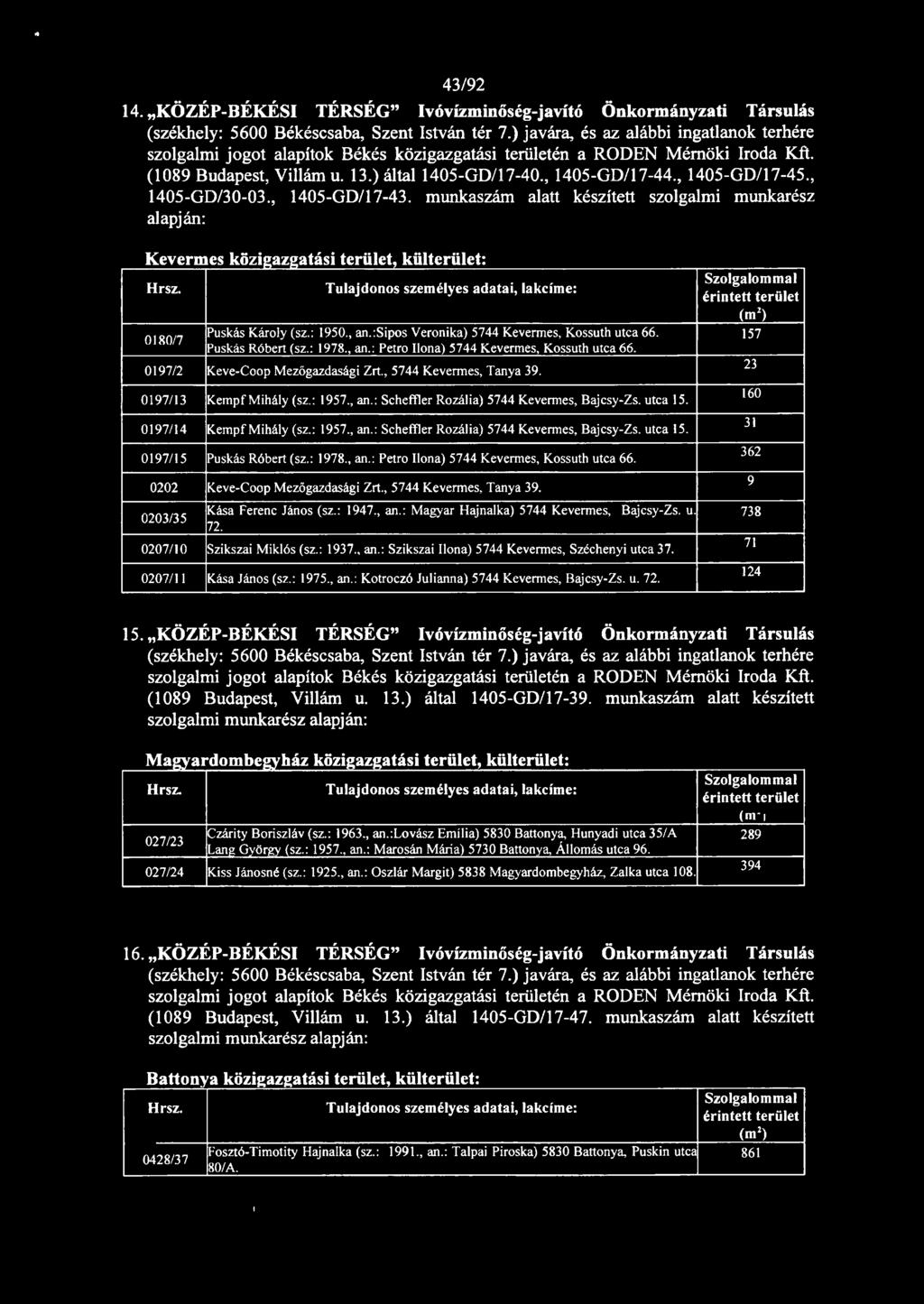 , 1405-GD/17-45., 1405-GD/30-03., 1405-GD/17-43. munkaszám alatt készített szolgalmi munkarész alapján: Kevermes közigazgatási terület, külterület: Hrsz.