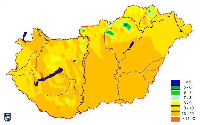 43. ábra Magyarország évi átlag középhőmérséklete az 1971-2000 közötti időszak alapján: 7 Magyarország éghajlati adottságaiból kifolyólag különleges, speciális beavatkozást igénylő, szélsőséges