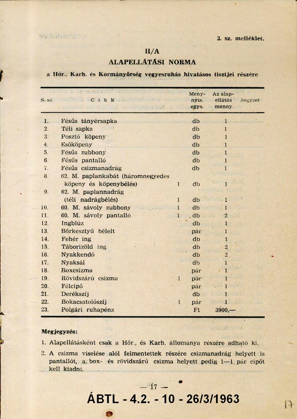 3. sz. m elléklet. II/A ALAPELLÁTÁSI NORMA a Hőr., Karh. és Kormányőrség vegyesruhás hivatásos tisztjei részére S. sz. C i k k Mennyis egys. Az alap ellátás menny. Jegyzet 1.