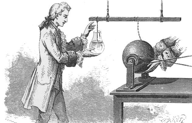 Leydeni palack: a felfedezés története: Musschenbroeküvegpalackba zárt vizet "villanyozott" úgy, hogy az üveg dugóján keresztülvezetett fémszálat kötötte