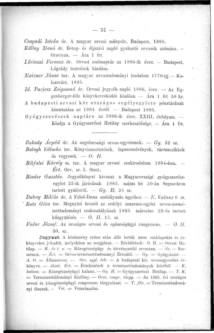 - 31 - Csapodi István dr. A magyar orvosi műnyelv. Budapest. 1885. Kállay Manó dr. Beteg- és díjazási napló gyakorló orvosok számára. - Oravicza. Ara 1 frt. Lőrinczi Ferencz dr.