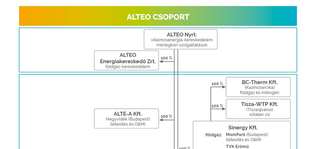 adatok ezer forintban Az alábbi ábra az ALTEO Csoport felépítését és az egyes tagok tevékenységét mutatja a jelen