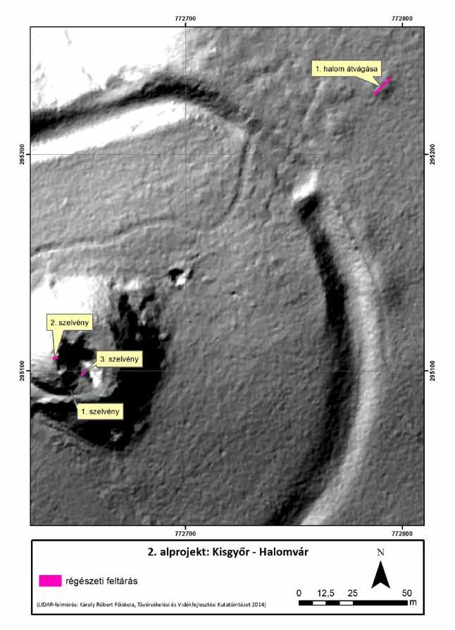 158 7. kép. Kisgyőr-Halomvár. A 2014. évi kutatóárkok helyzete a lelőhely LIDAR képére vetítve Fig. 7. Kisg yőr-halomvár.