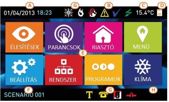 A kezelőegység jelzései A B C D A SmartLiving központ dátuma és ideje. Ha a központ szervíz módban van, ez a mező az Alien és a benne lévő kártyaolvasó címét mutatja. A kezelő LED ikonjai.