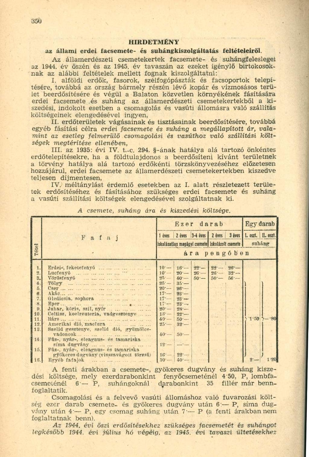 HIRDETMÉNY az állam i erde i facsemete - é s suhángkiszolgáltatá s feltételeiről. Az államerdészeti csemetekertek facsemete- és suhángfeleslegel az 1944. év őszén és az 1945.