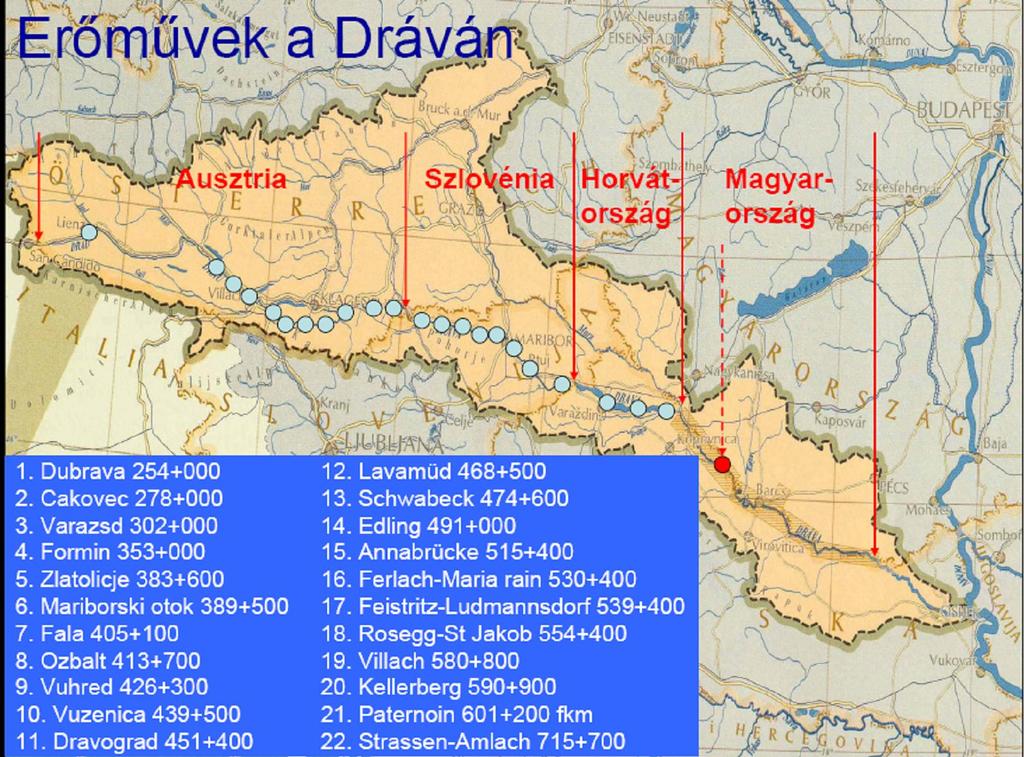 6-6. ábra: Erőművek a Dráván Forrás: Burián Alajos: A nemzetközi Dráva Tehát a Dráva magyarországi szakaszán nagy számban találhatók folyamszabályozási művek, melyek ökológiai hatásait felül kell