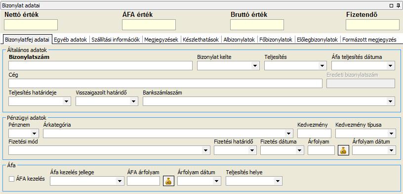 Bizonylatfej adatai A számla fejlécére vonatkozó adatok tekinthetők meg, és módosíthatók ezen az adatterületen.