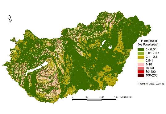 területére vonatkozó összes foszfor-emisszió (TP) területi megoszlását a 2-8. ábrán mutatjuk be.