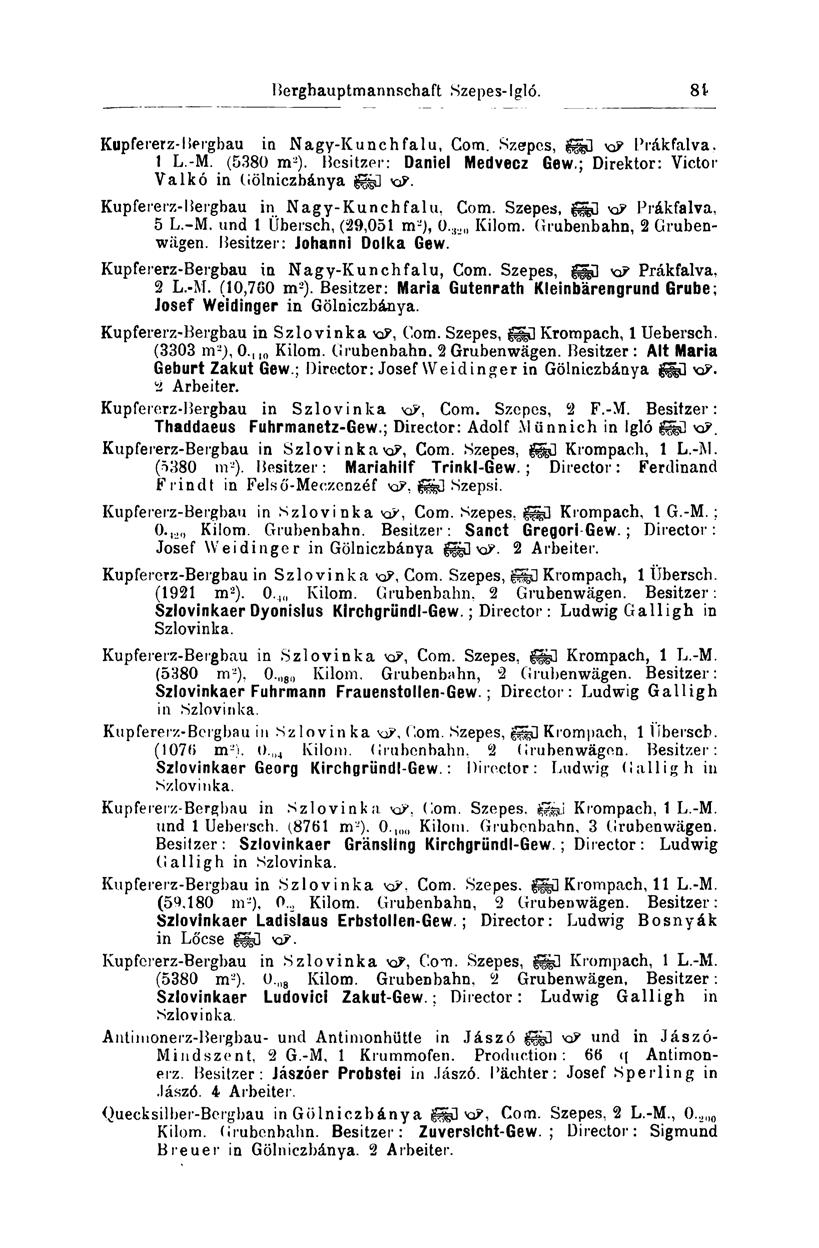 Berghauptmannschaft Szepes-Igló. 185 Kupfererz-Bergbau in Nagy-Kunchfalu, Com. Szepes, v^ Prákfalva. 1 L.-M. (5380 m 2 ). Besitzer: Daniel Medvecz Gew.; Direktor: Victor Valkó in Gölniczbánya KP.