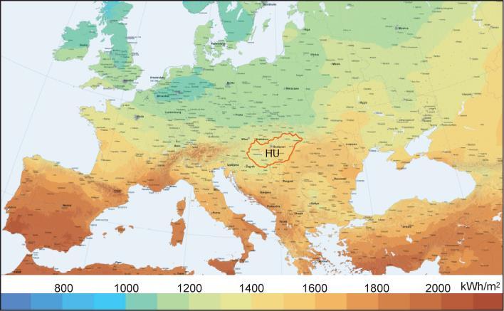 Hazai adottságok Napsugárzási adottságaink Európán belül 18 millió m 2 2 millió m 2 Magyarország az északi mérsékelt övben, az északi szélesség 45,8 és 48,6 között található.