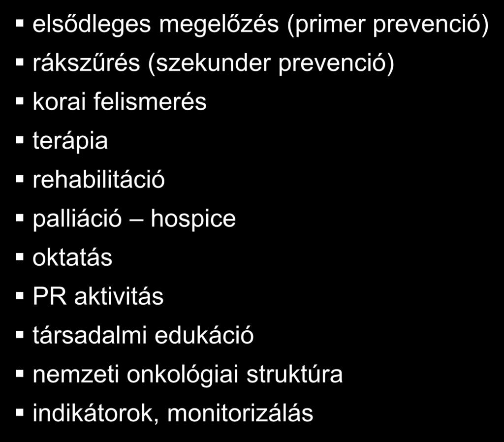 Magyar Nemzeti Rákkontrol Program (MNRKP; 1993-) Tartalma (WHO ajánlások): elsődleges megelőzés (primer prevenció) rákszűrés (szekunder prevenció)