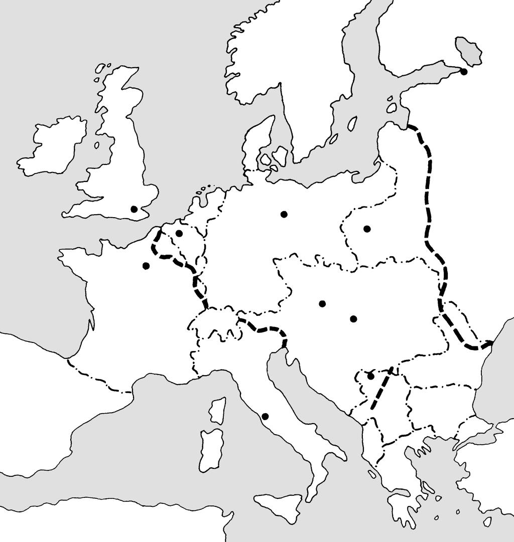 10. Vidíš mapu Európy v čase prvej svetovej vojny. a) Pomocou čísiel vyznač na mape najdôležitejšie fronty prvej svetovej vojny! 1. východný front 2. západný front 3. srbský front 4.