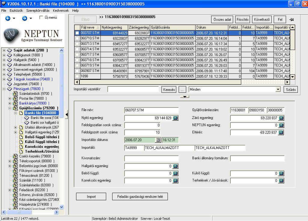 Banki fájlok 2.6.1. Banki fájl beolvasása A beolvasandó állományt az Import gombra kattintva lehet beolvasni. Importálni mindig az adott banknak megfelelő formátum leírás szerint kell.