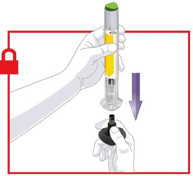 1 VEGYE LE A KUPAKOT Ellenőrizze, hogy az injekciós toll zárt állapotban van. Vegye le és dobja el a szürke zárókupakot. Ne tegye vissza a zárókupakot, mert így megsérülhet a tű. Ne érintse meg a tűt.