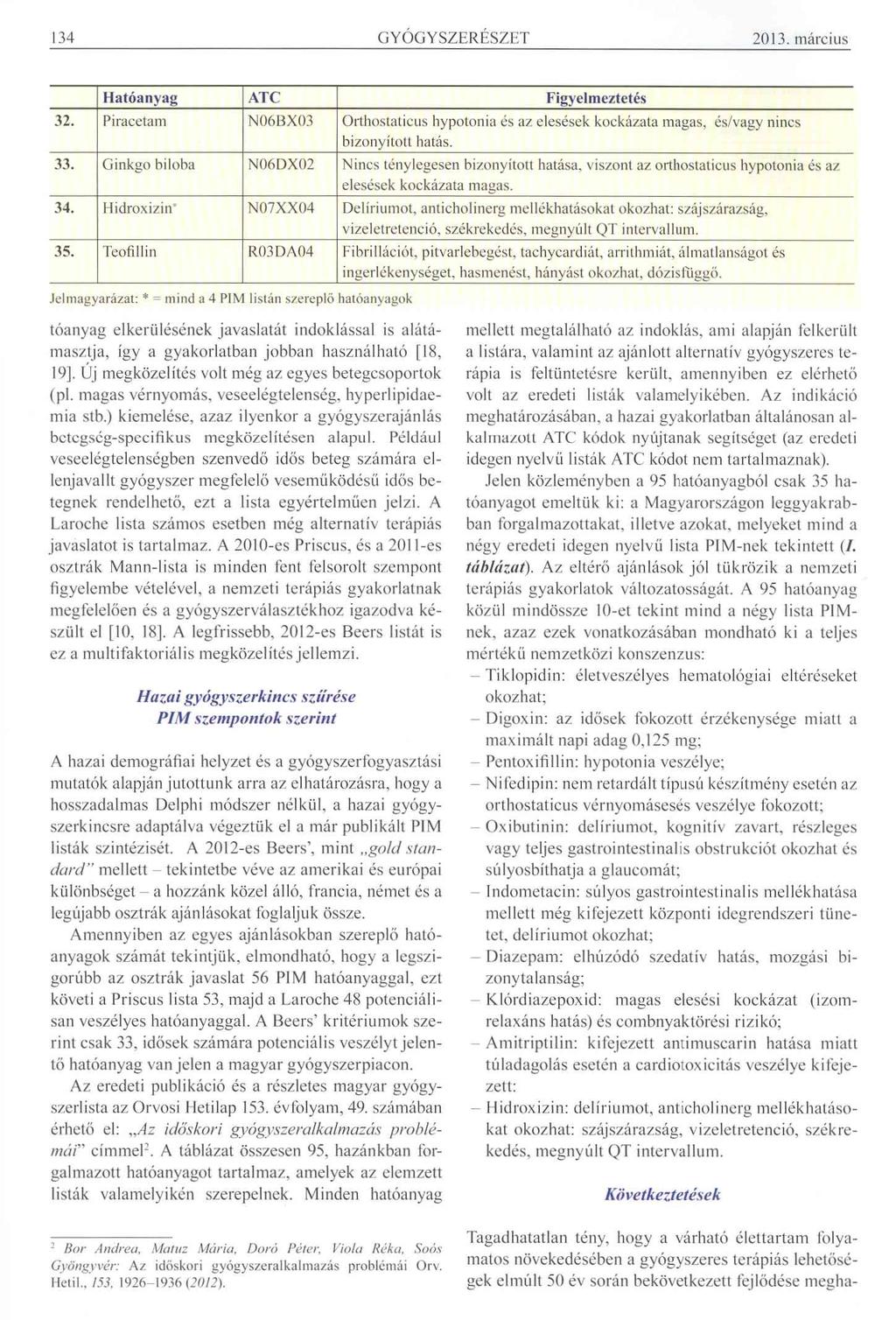 134 GYÓGYSZERÉSZET 2013. március Hatóanyag ATC Figyelmeztetés 32. Piracetam N06BX03 Orthostaticus hypotonia és az elesések kockázata magas, és/vagy nincs bizonyított hatás. 33.