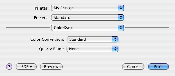 ColorSync Color conversion (Színkonverzió) A Color Conversion (Színkonverzió) funkciónál e nyomtatótípus esetén kizárólag a Standard (Normál) beállítás használható.