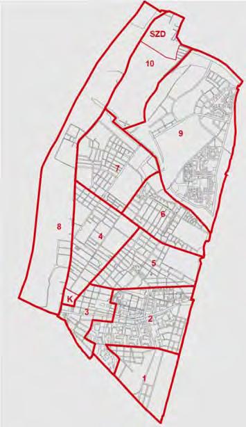 7. ábra: A koncepció településszerkezeti egységeinek területi eloszlása Forrás: Újpest Városfejlesztési Koncepciója (2008) déli iparváros központi lakótelepek városközpont és környezete központi