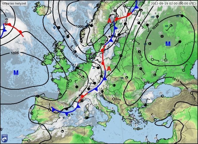 zivatar (4. ábra, bal). Skandinávia és Nyugat Európa időjárását egy ciklon határozta meg, melynek hidegfrontja elérte a Kárpát-medencét is, hatására záporok, zivatarok alakultak ki országszerte.