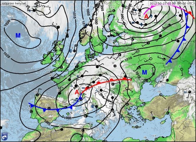 7) 2012.10.27. Északkelet-Európa és az Alpok térsége fölött ciklonok örvénylenek, melyek borult időt eredményeznek az említett helyeken (5. ábra, bal).