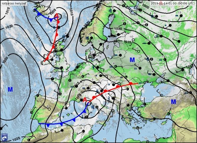 9) 2013.01.14. Európa középső és déli területein felhős idő volt egy mediterrán ciklon hatásaként, ezeken a területeken többfelé fordult elő csapadék (6. ábra, bal).