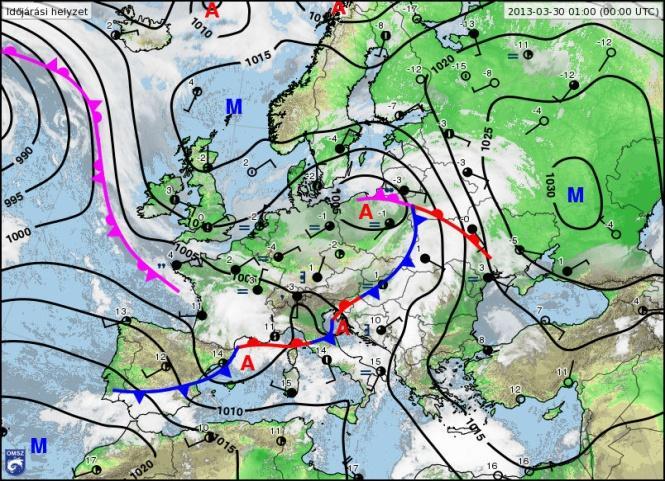 11) 2013.03.30. Európa déli és középső területei felett egy ciklonrendszer helyezkedett el, ennek megfelelően alakult e területek időjárása (7. ábra, bal).