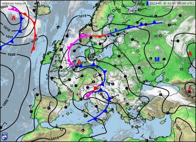 13) 2013.05.30. Európa középső és déli részének időjárását egy sekély ciklon alakította (8. ábra, bal).