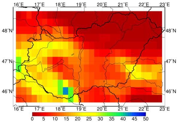 ezen a területen a radar adatok (14. ábra, jobb) magasabbak voltak, mint a MISH adatok (14. ábra, bal) és a szinoptikus állomások adatai.