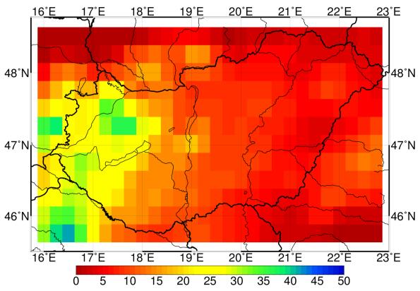 A radarés a MISH adatmezők nagyjából mindenütt megegyeznek, az eltérések általában 5 mm körüliek. A szinoptikus állomások adatai (18. ábra, bal) és a radar adatok (18.