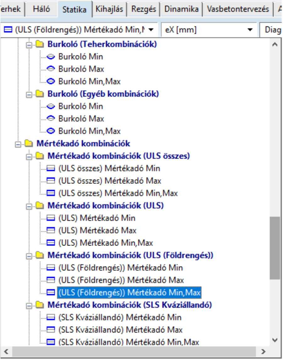 melyet az automatikusan összeállított eredmények lekérdezéséhez használhatunk (ULS(Földrengés)) Mértékadó Min; Max és Min, Max.