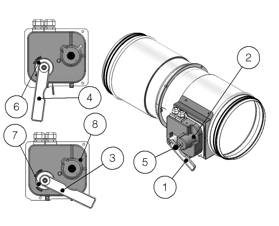 Szerkezet típusa Kézi / Kézi vezérlés mágnessel 1. Kézi nyitókar 2. Védődoboz 3. Kar állása nyitott zsalu esetén 4. Kar állása zárt zsalu esetén 5. Mágnesgomb 6. Zárt állásjelző 7.